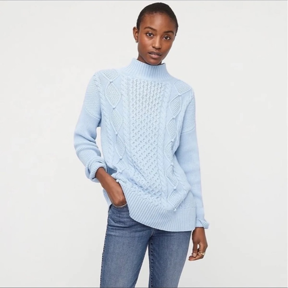 J. Crew Swingy Cable Knit Pom Pom Mockneck Pullover Sweater